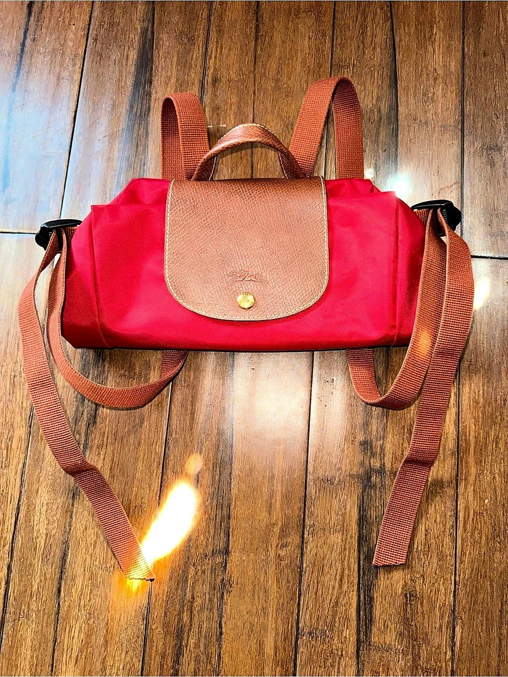 Longchamp Le Pliage Red & Brown Tote Bag